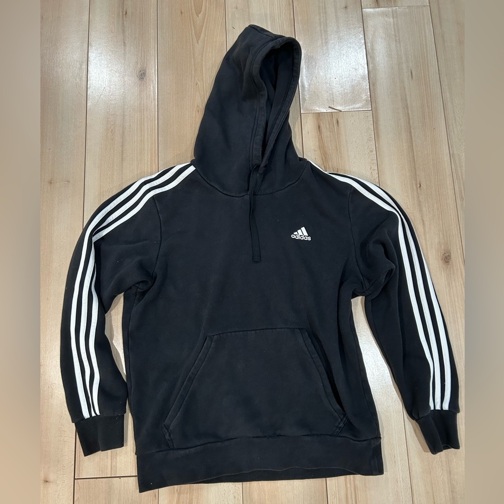 Adidas Men's Black Hoodie with White Stripes